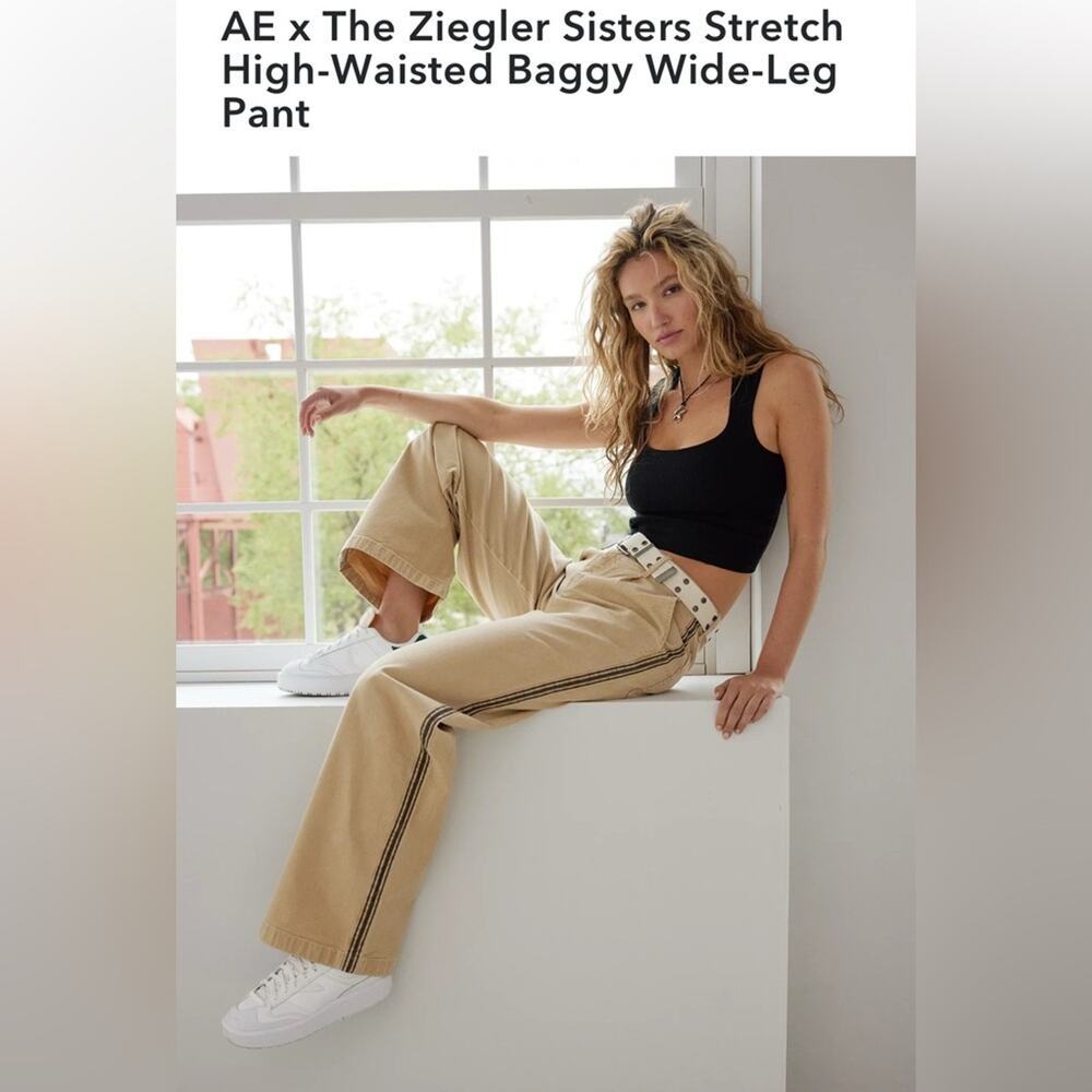 Women’s American Eagle + Maddie & Kenzie Ziegler tan stripe wide leg pants sz 10
